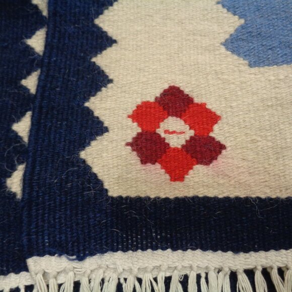Handmade Wool Rug Flat Weave From Romania Floral Blue, Pink Tulips 26"x50" - Picture 3 of 7